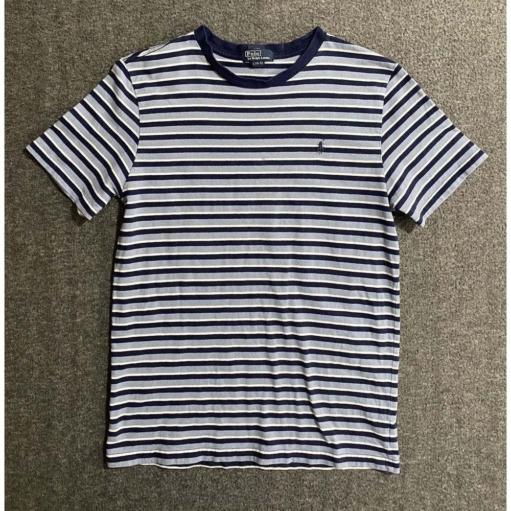 Polo Ralph Lauren Blue White Stripe T-Shirt Womens L 14-16 Short Sleeve Tee